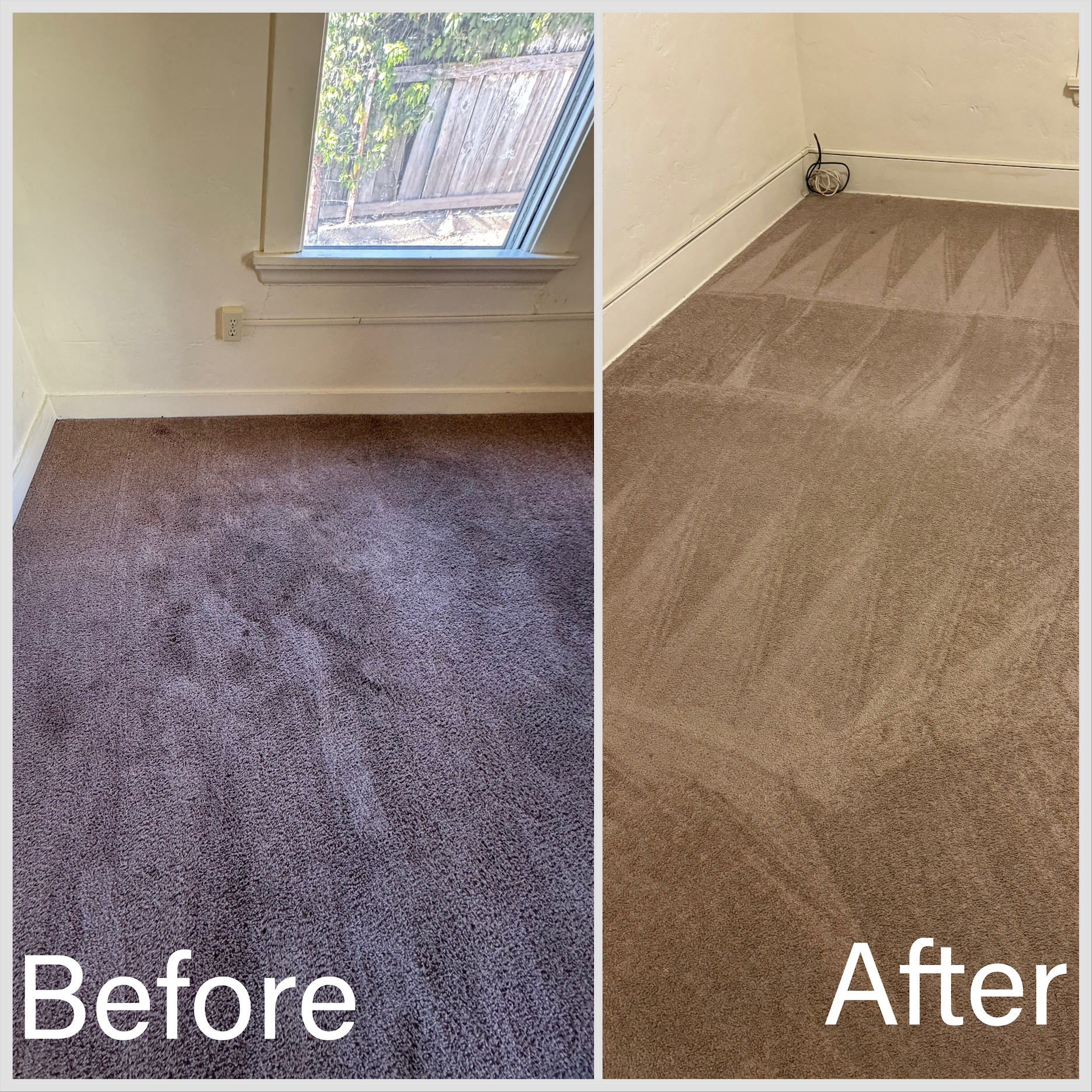 A before and after picture of a carpeted floor