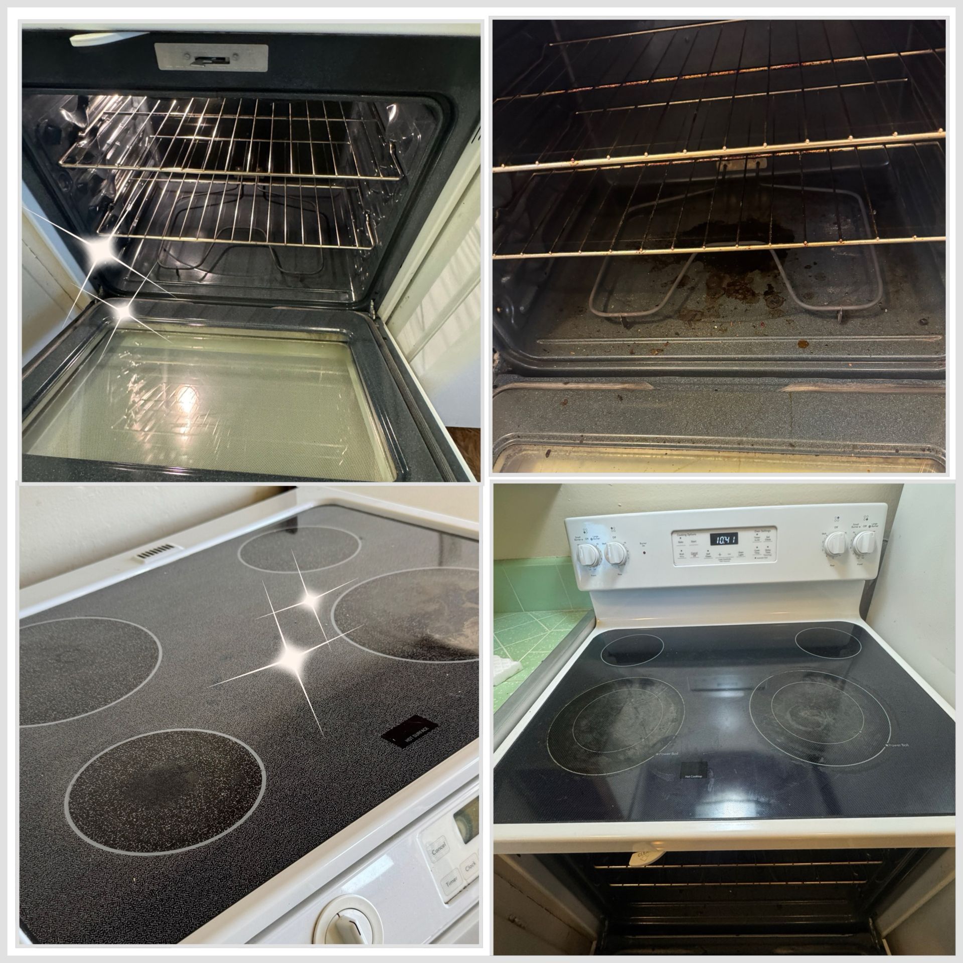 Collage: Top-left is clean oven, top-right is dirty oven, bottom-left is clean stovetop, bottom-right is dirty stovetop.