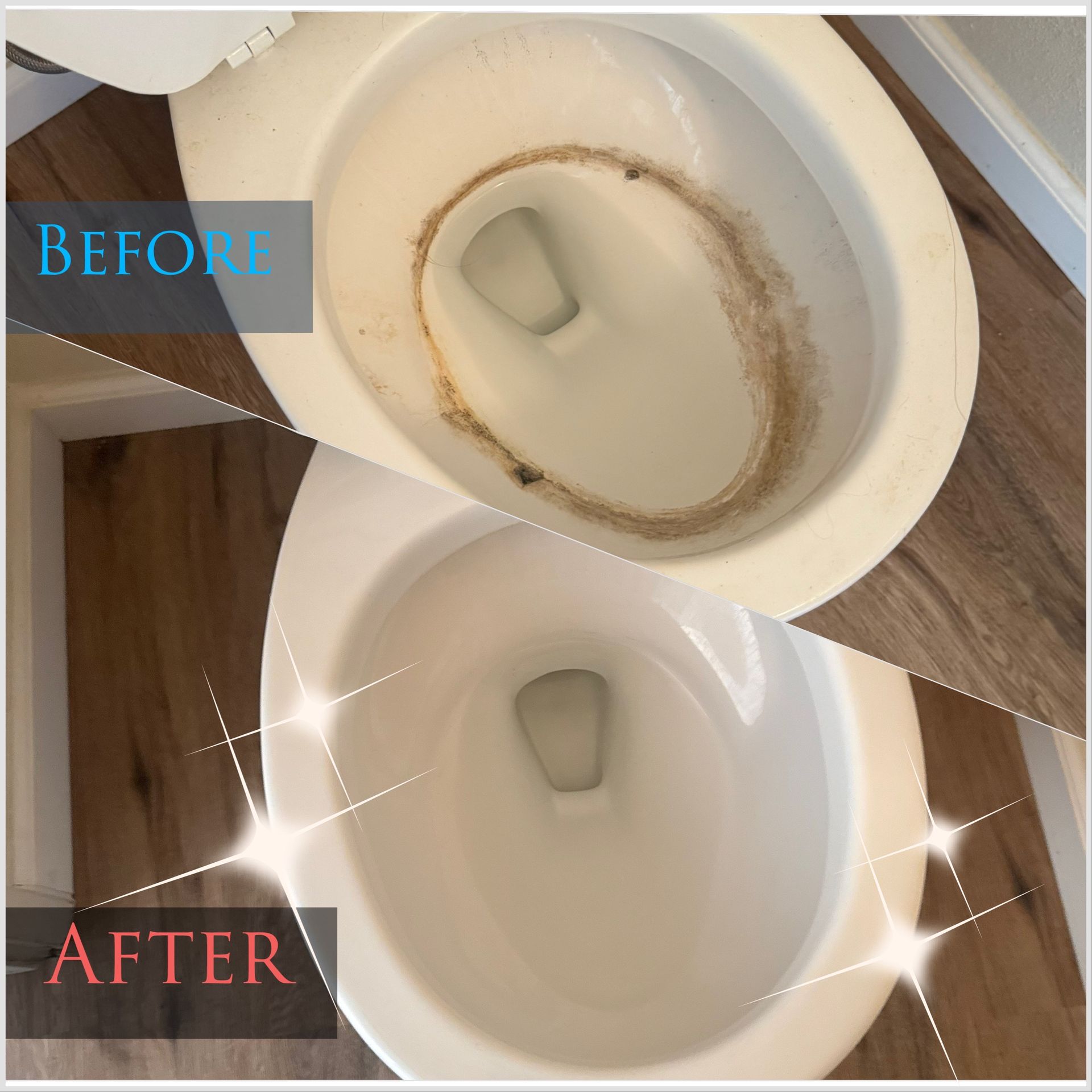Before and after of a toilet bowl. The before shows heavy stains, after is clean and sparkling.