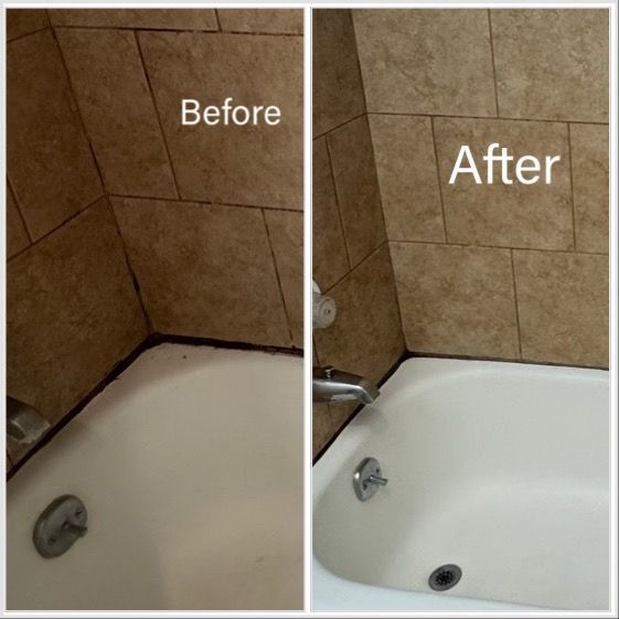 Before and after photo of a cleaned bathtub. Brown tiled wall, white tub, and clean black caulk.