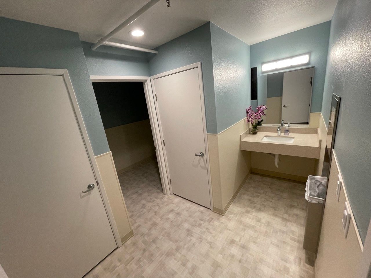 A bathroom with a sink and a mirror