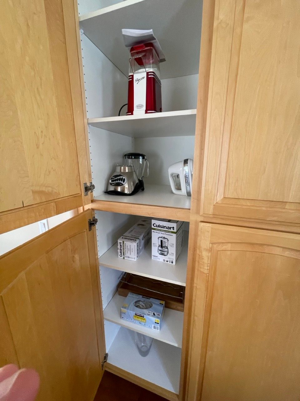 A pantry with a blender and a coffee maker on the shelves.