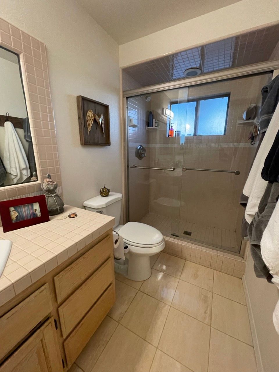 A bathroom with a toilet a sink and a shower