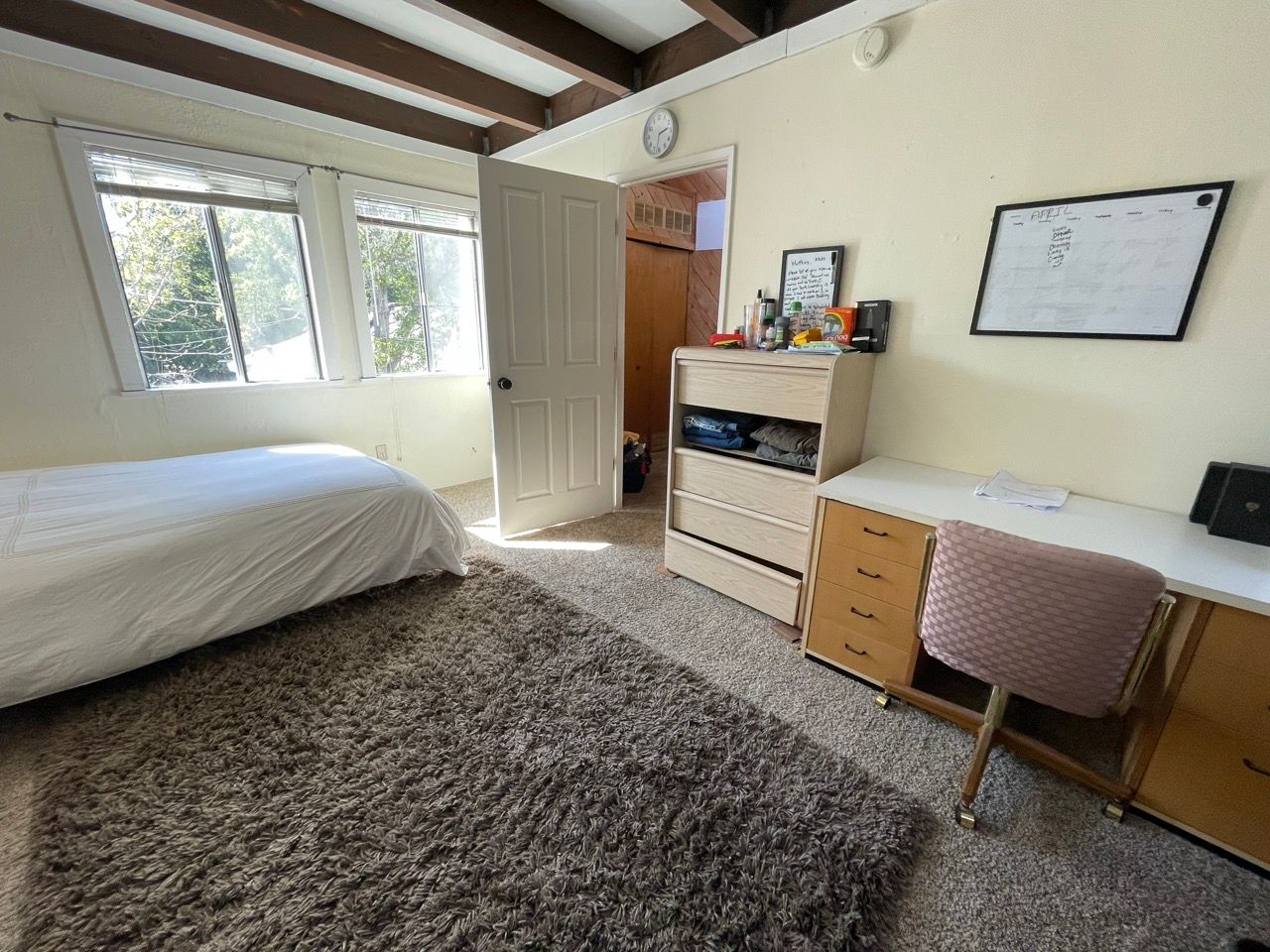 A bedroom with a bed , desk , dresser and rug.
