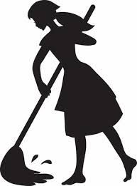 A silhouette of a woman sweeping the floor with a mop.