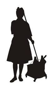 A silhouette of a maid cleaning a floor with a mop and bucket.