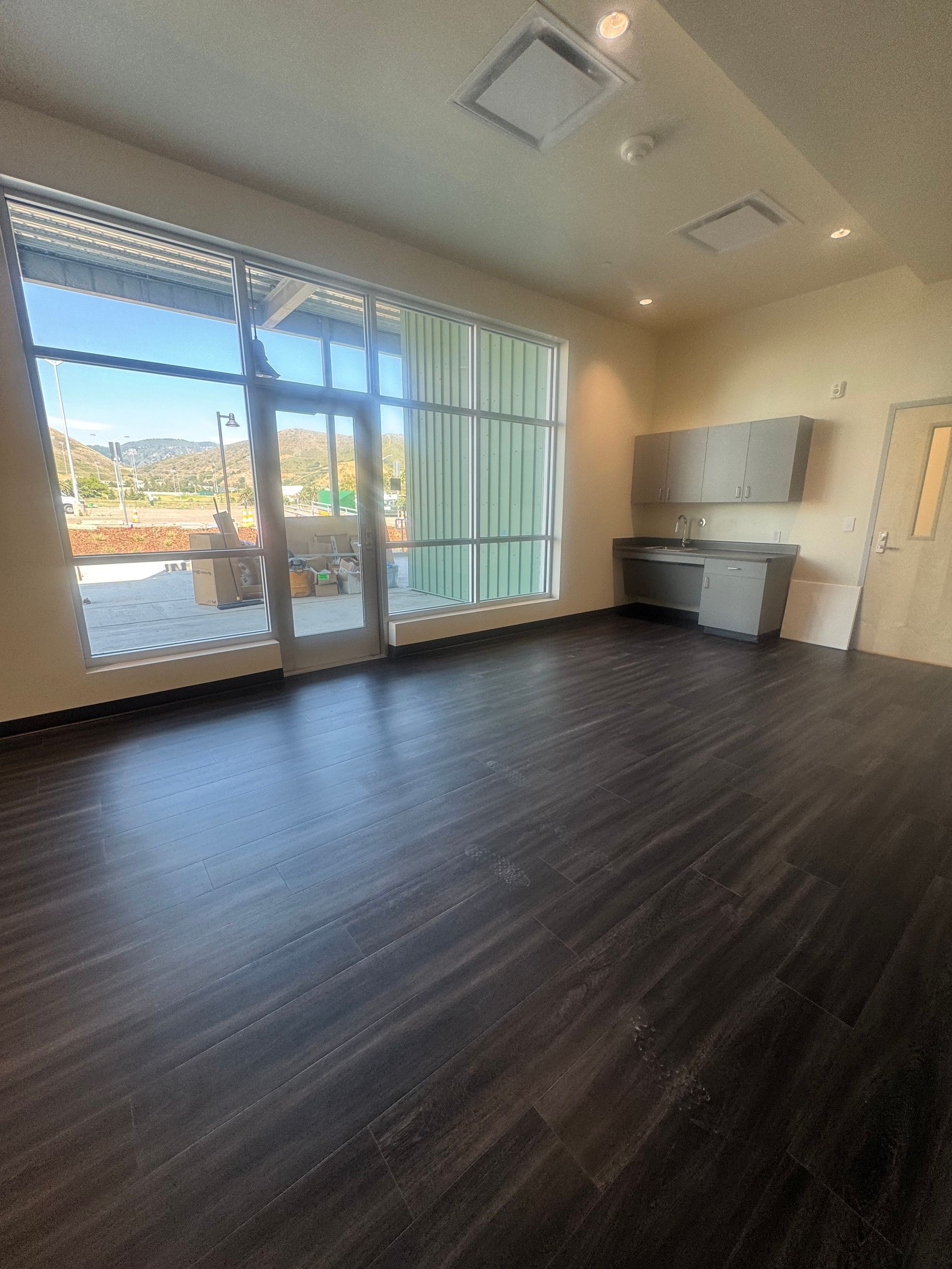 Empty room with dark wood flooring, large windows, and a sink area.