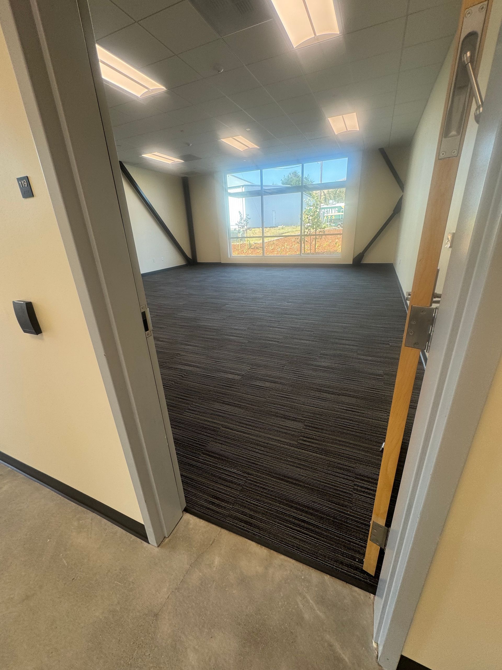 A room with dark carpet and windows, seen from a doorway. Yellow walls, natural light.