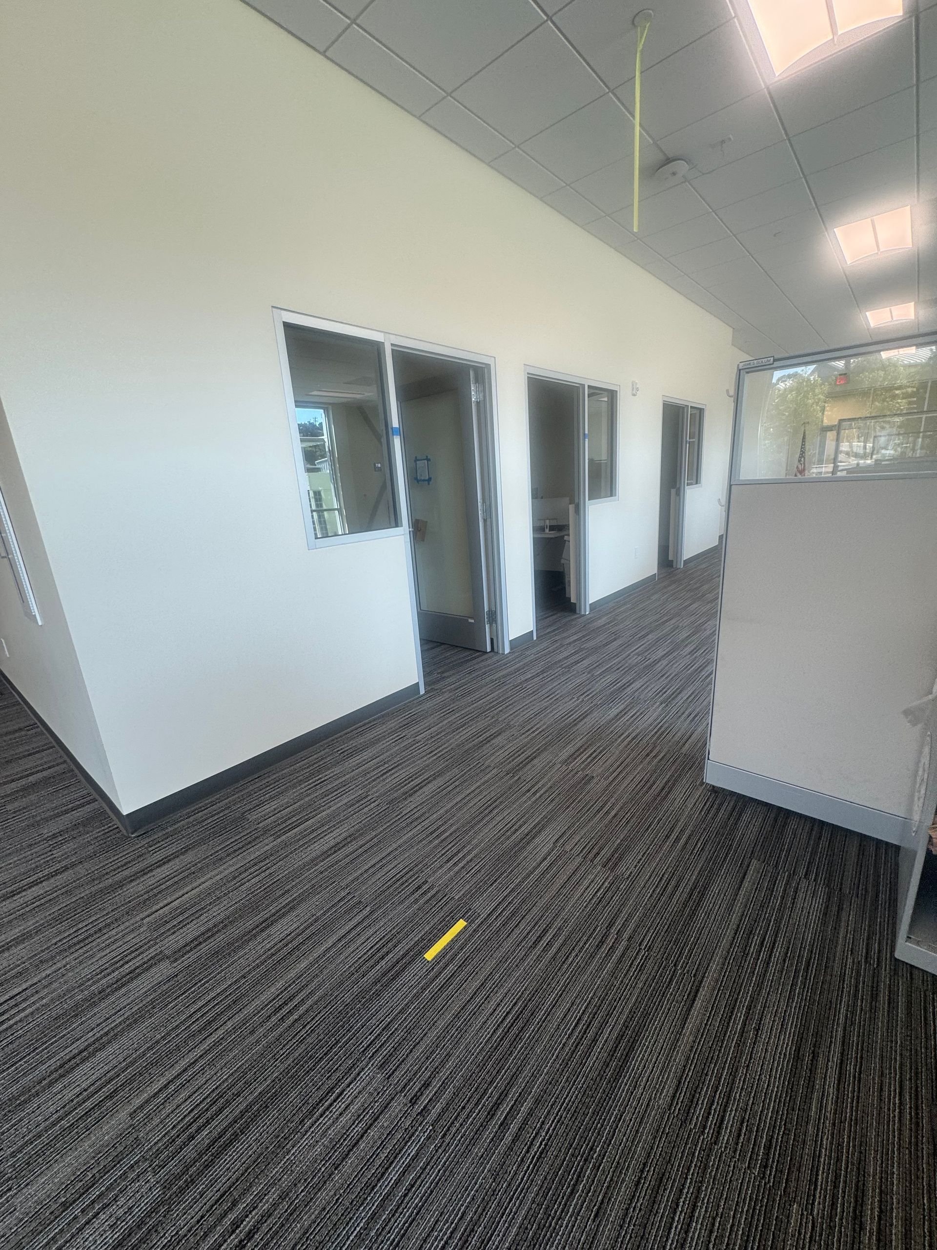 Office hallway with carpet, white walls, and several open doorways.