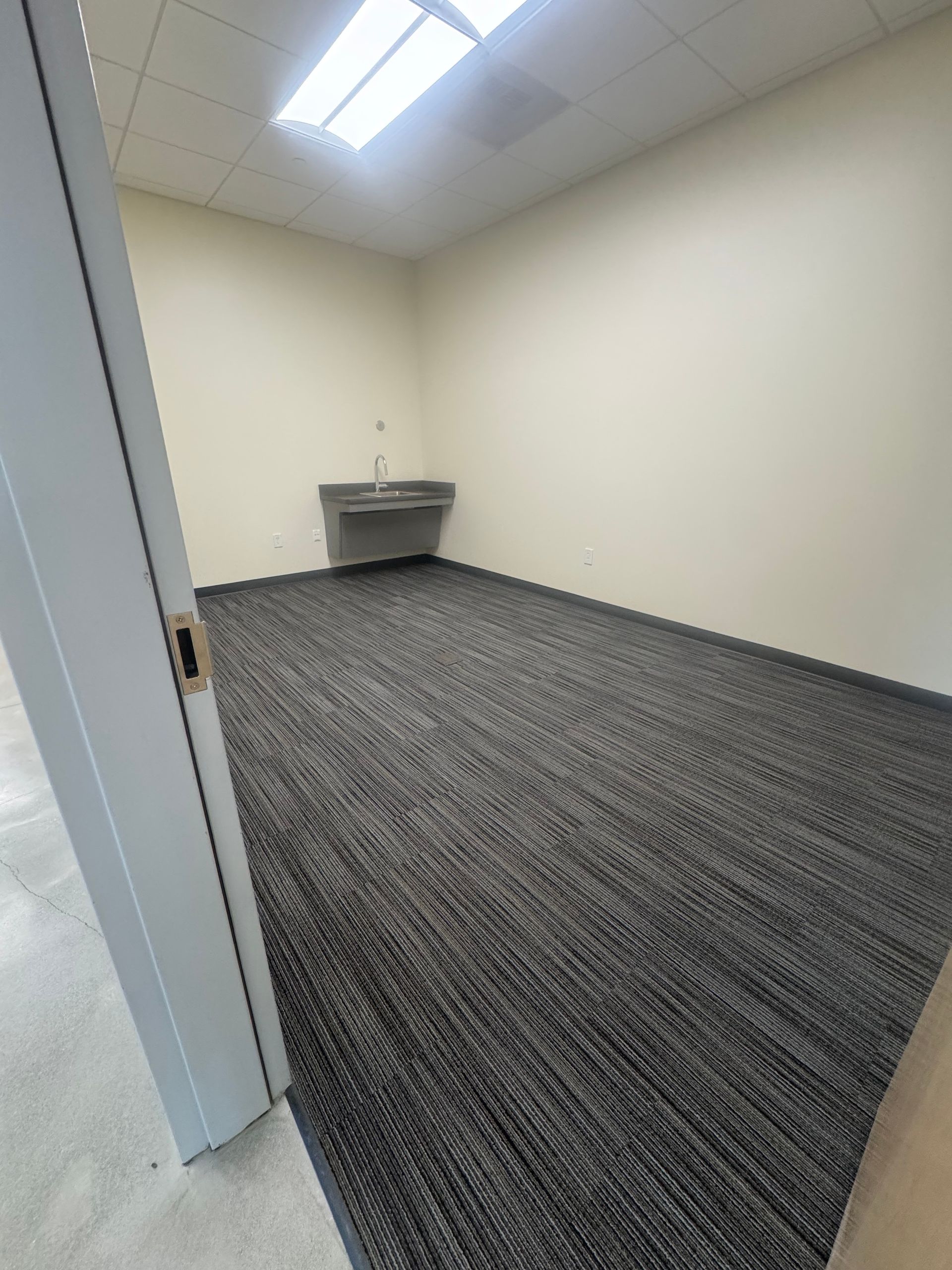 Empty office with dark patterned carpet, light walls, water fountain, and overhead lighting.