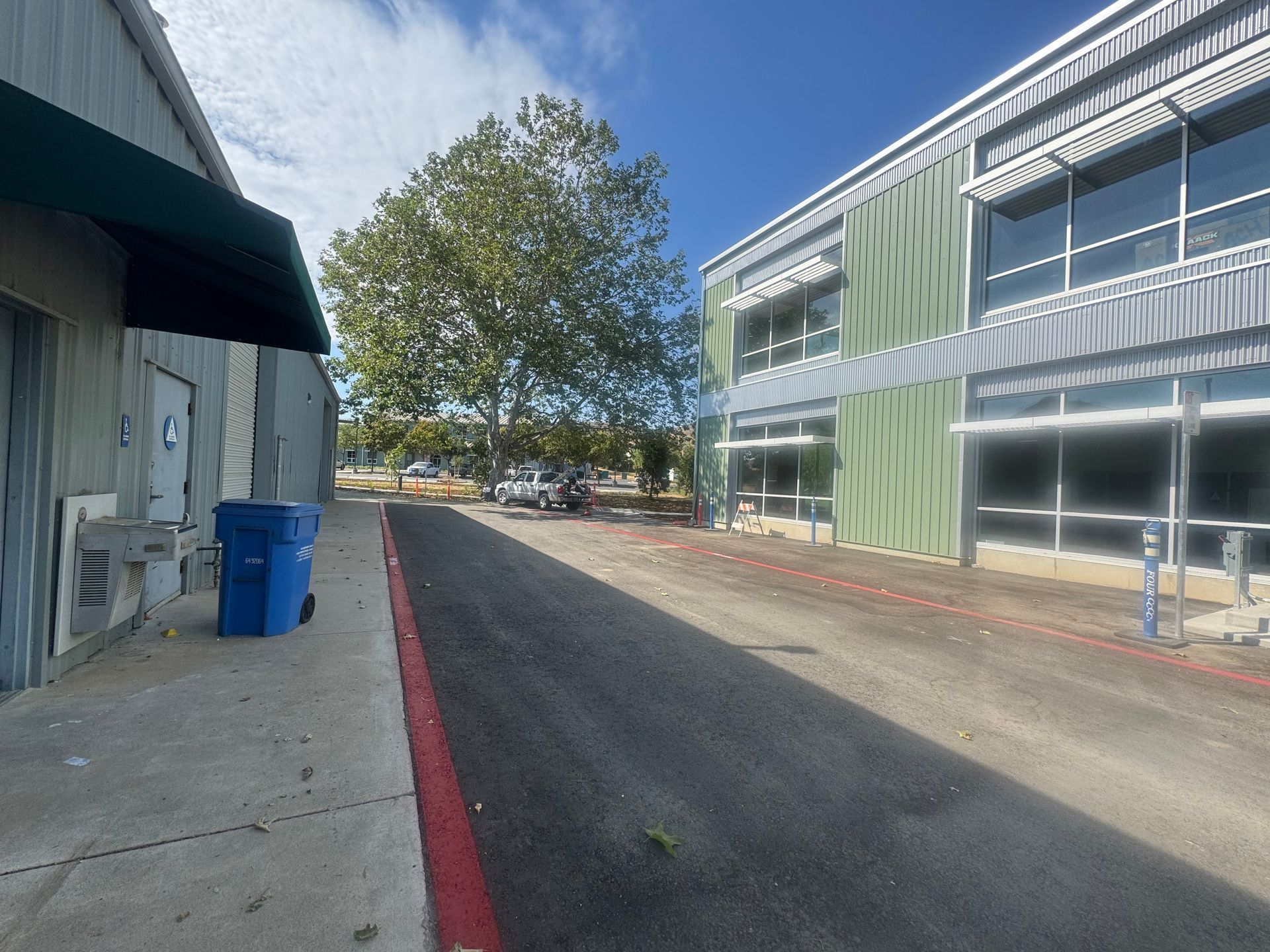 Building with a green facade, asphalt road, blue trash bin, and a tree on a sunny day.