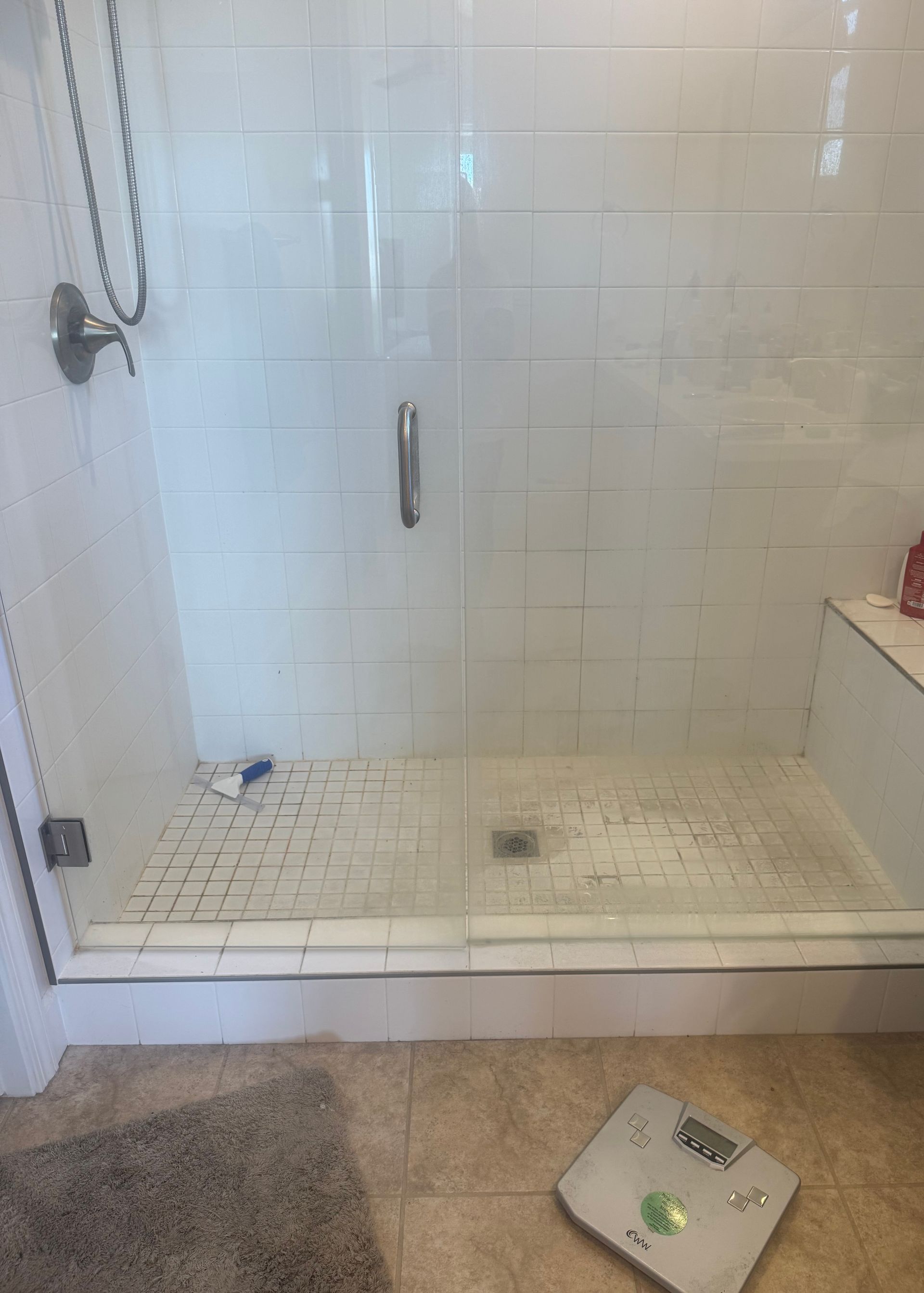 Shower with glass door and tile, a rug, and a scale on the floor.