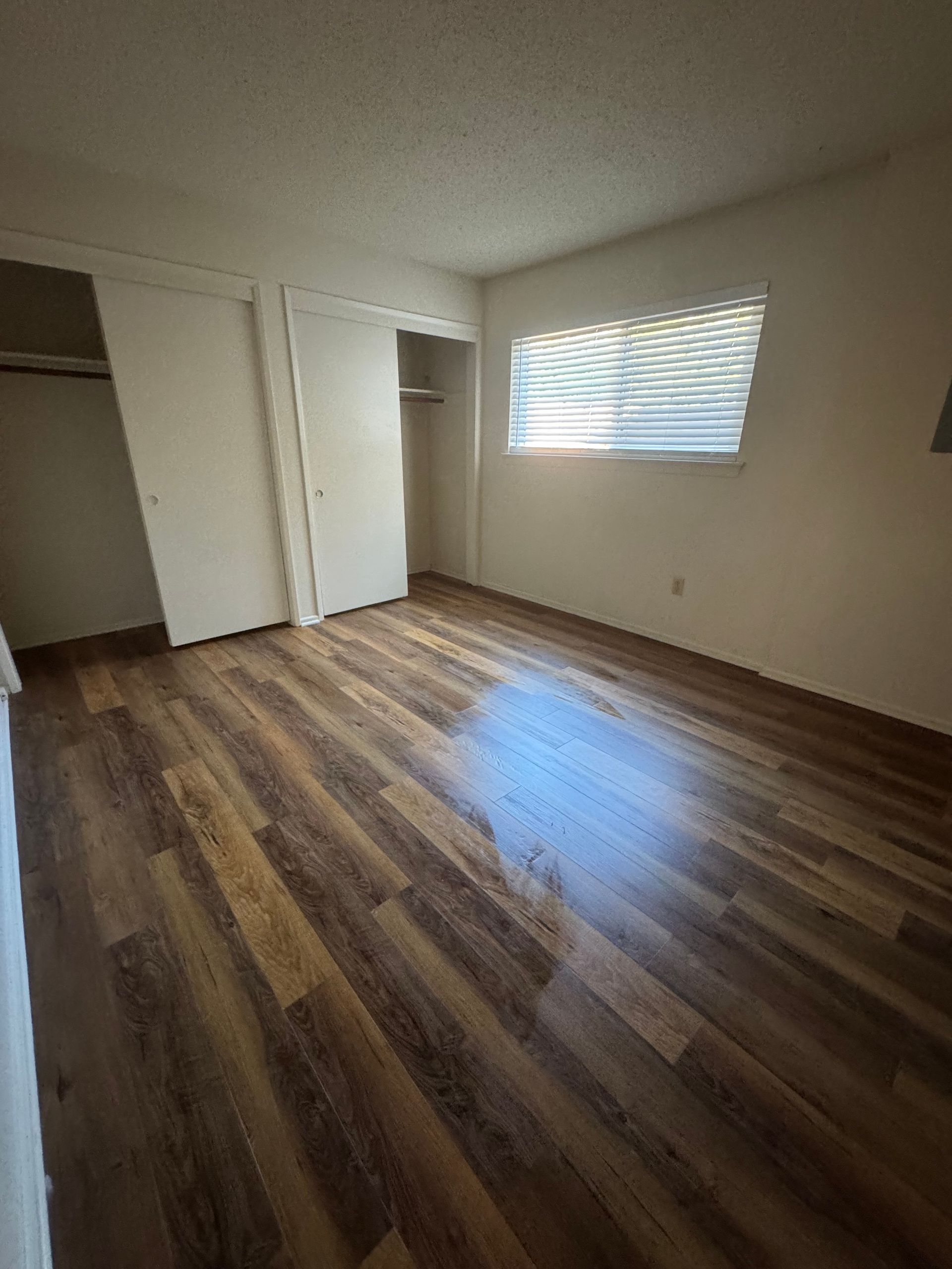 Empty bedroom with wood-look flooring, white walls and closet doors, and a window with blinds.