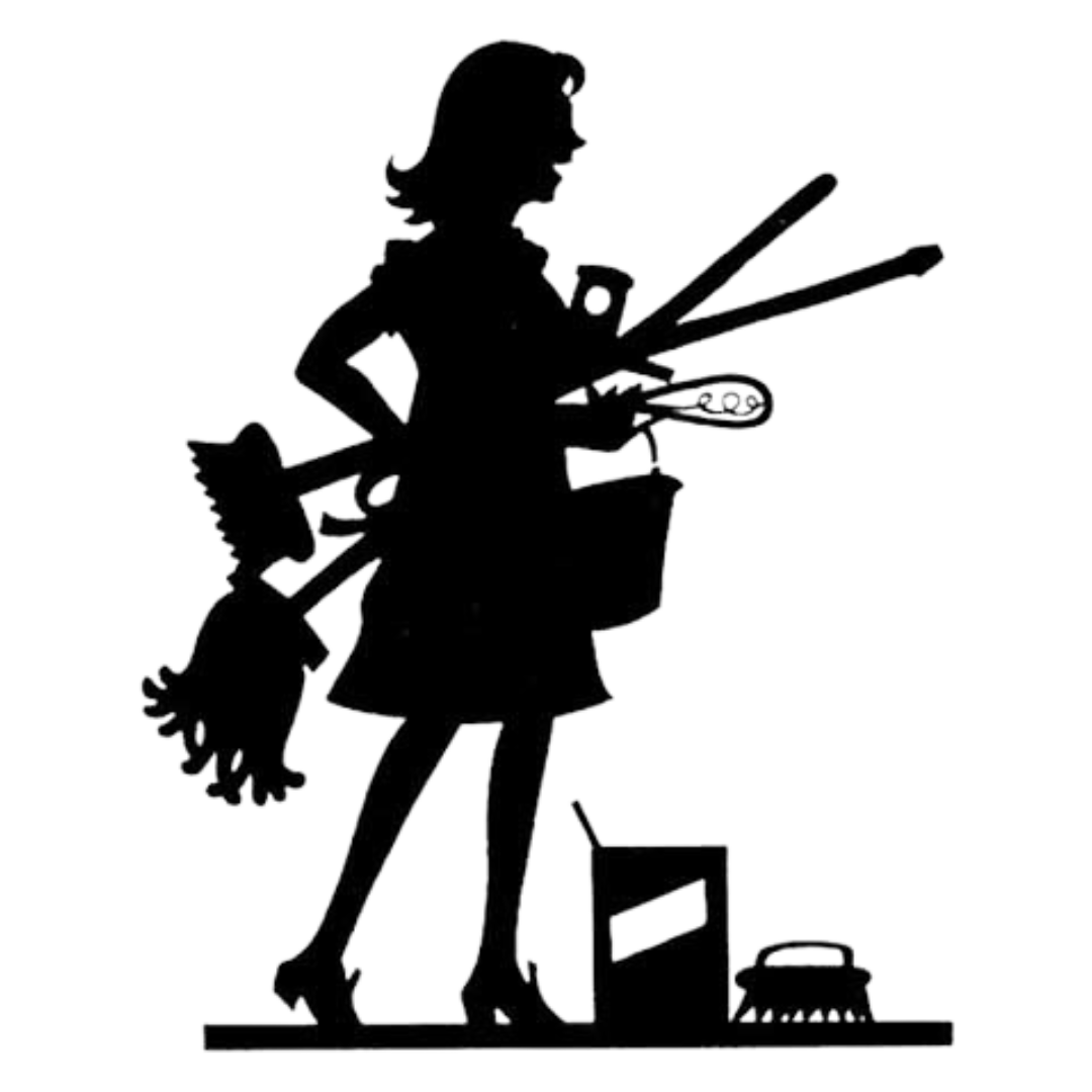A black and white silhouette of a woman holding cleaning supplies.