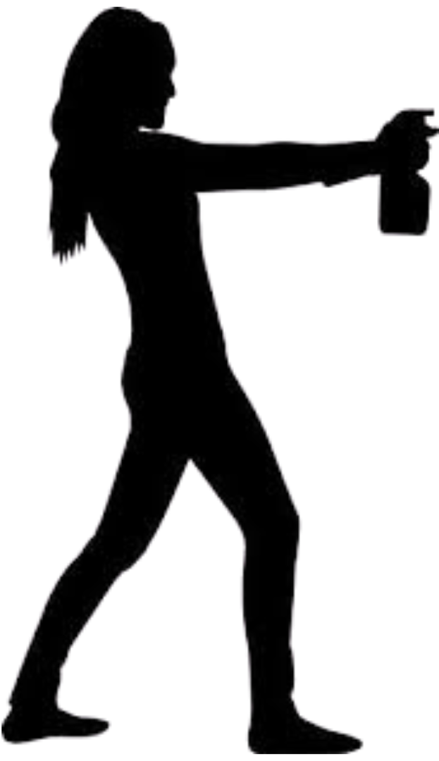A silhouette of a woman holding a bottle in her hand.
