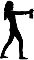 A silhouette of a woman holding a bottle in her hand.