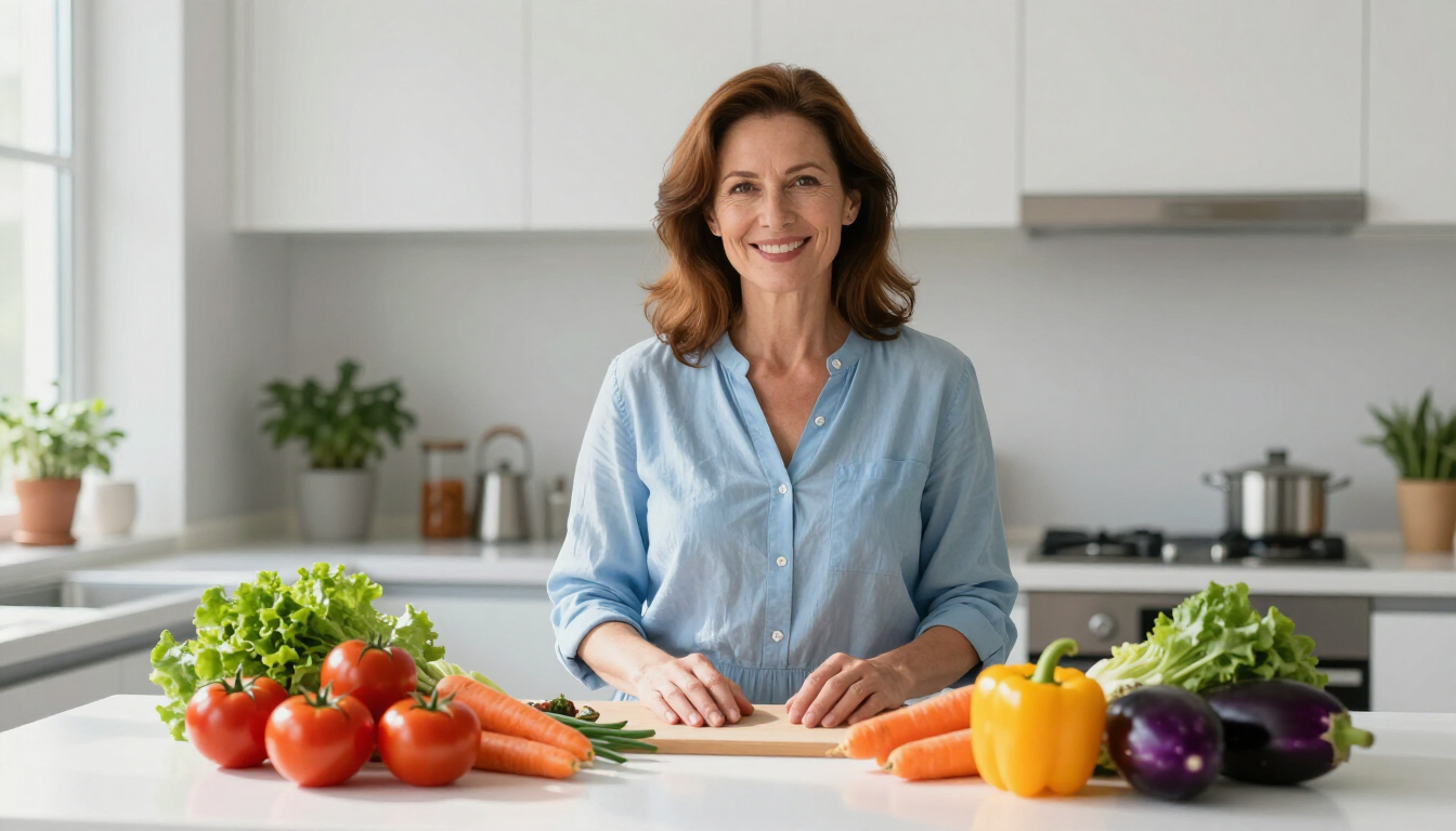 Gezonde vrouw in de overgang met verse groenten