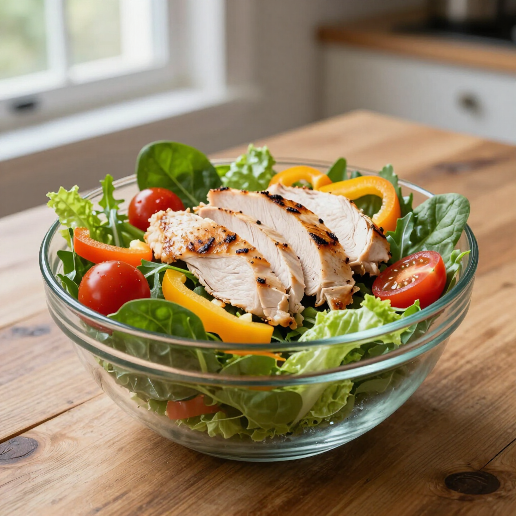 Verse gezonde kipsalade met paprika en tomaatjes op een bord