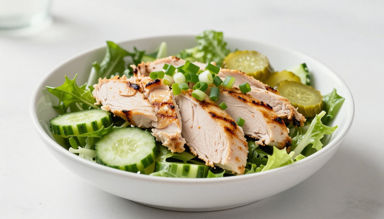 Een frisse schaal met witlofsalade en gegrilde kipfilet op een lichte houten tafel.