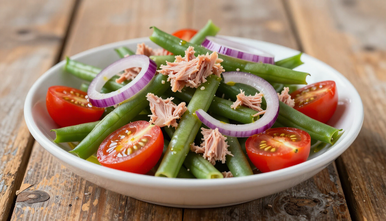 Verse sperziebonensalade met tonijn en rode ui in een kom