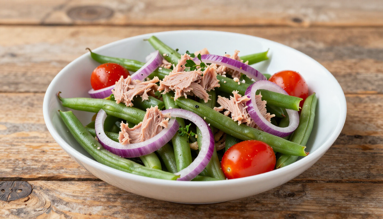 Gezonde sperziebonensalade met tonijn en groenten