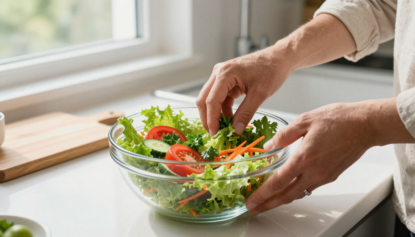 Salade in een glazen bewaarbakje voor lunch