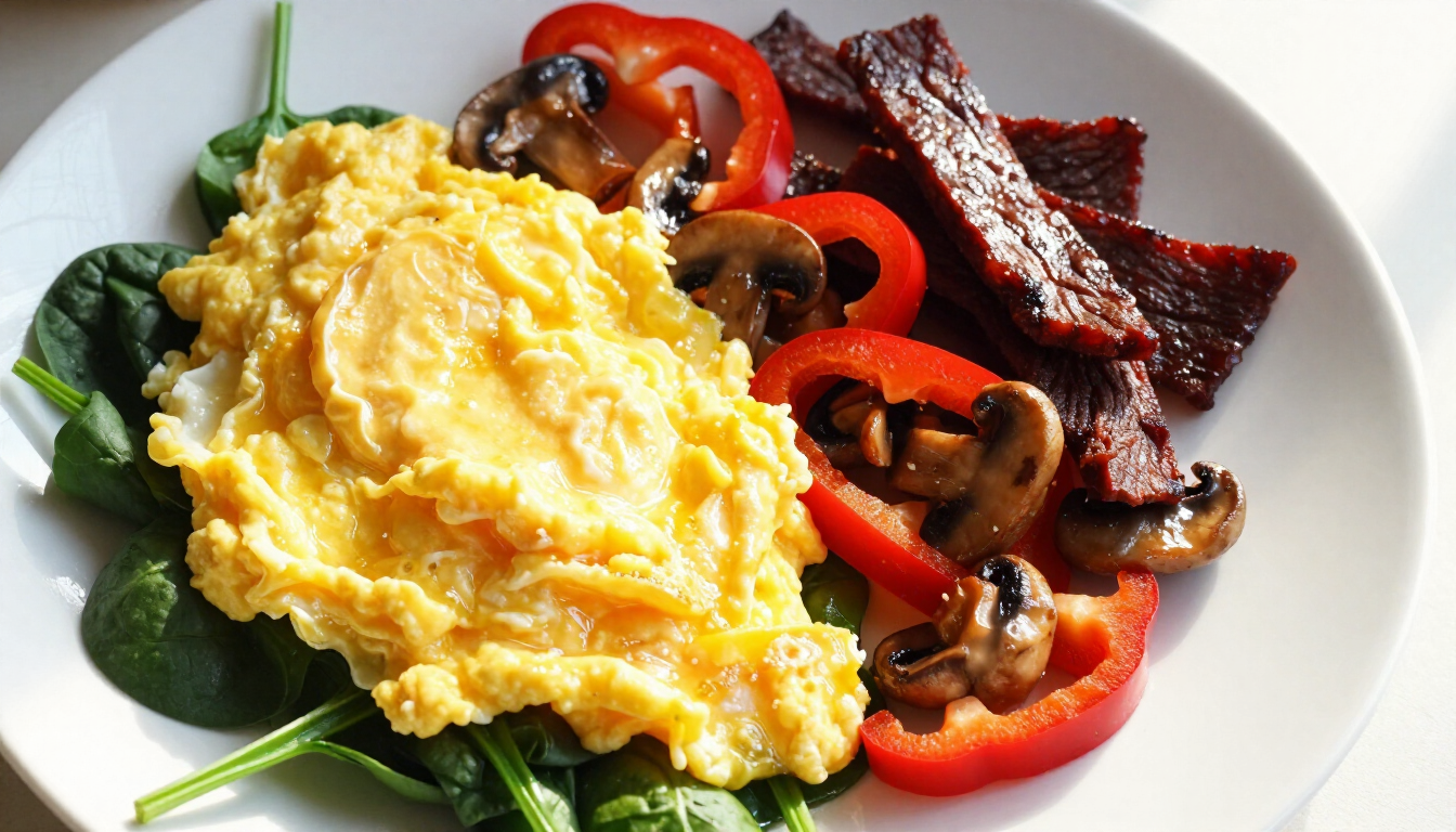 Gezond roerei met groenten en runderrookvlees op een bedje van sla