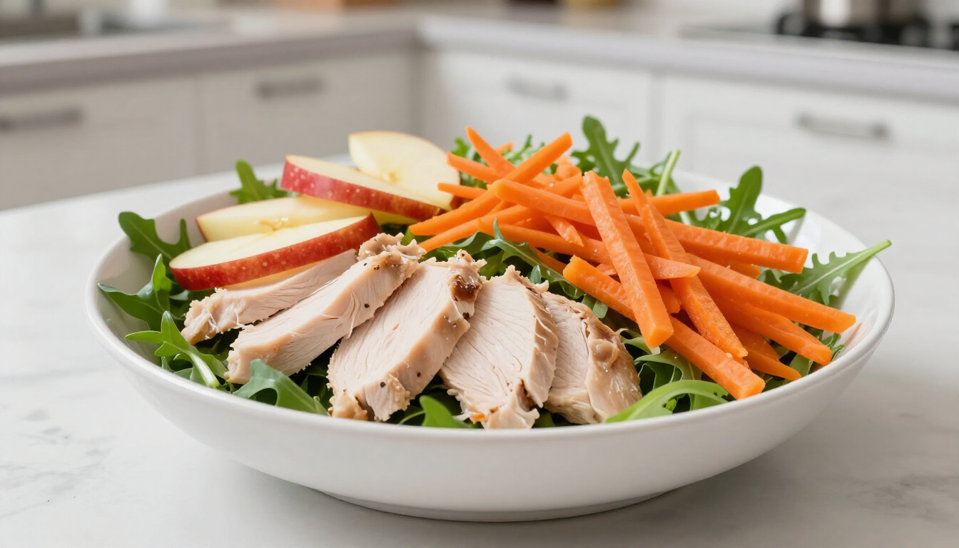 Gezonde frisse kipsalade met appel en gerookte kipfilet op een bord