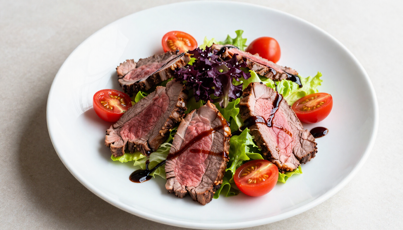 Gezonde rosbiefsalade met verse ingrediënten en balsamico dressing
