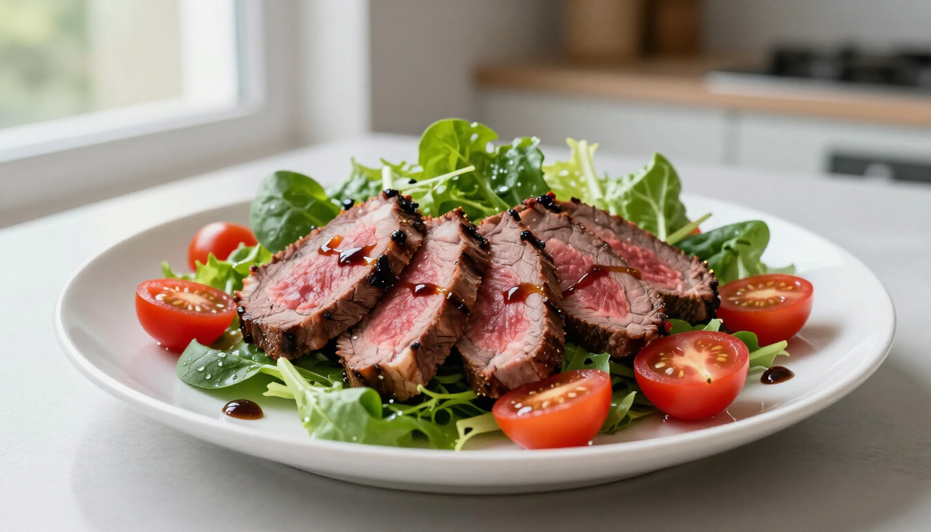 Gezonde rosbiefsalade met tomaat en balsamico