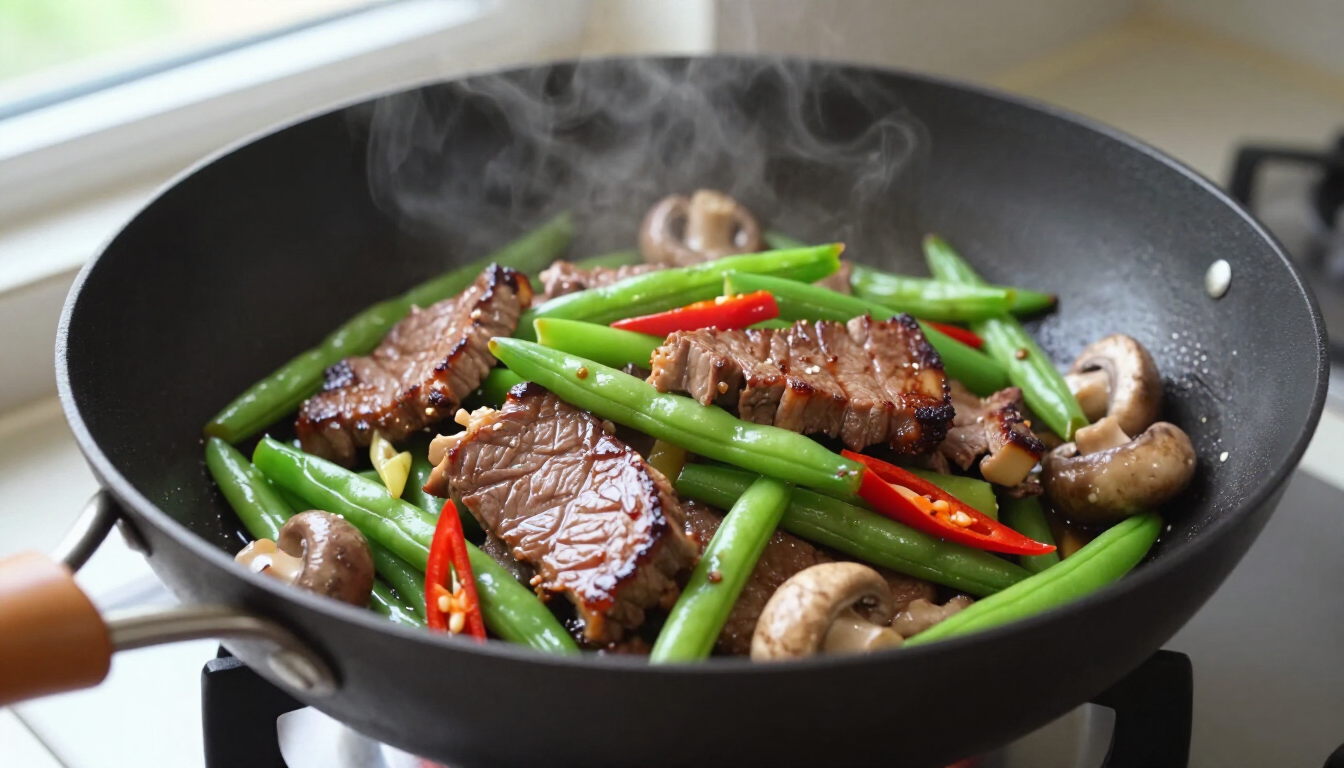 Gezonde biefstukpuntjes met sperziebonen en champignons
