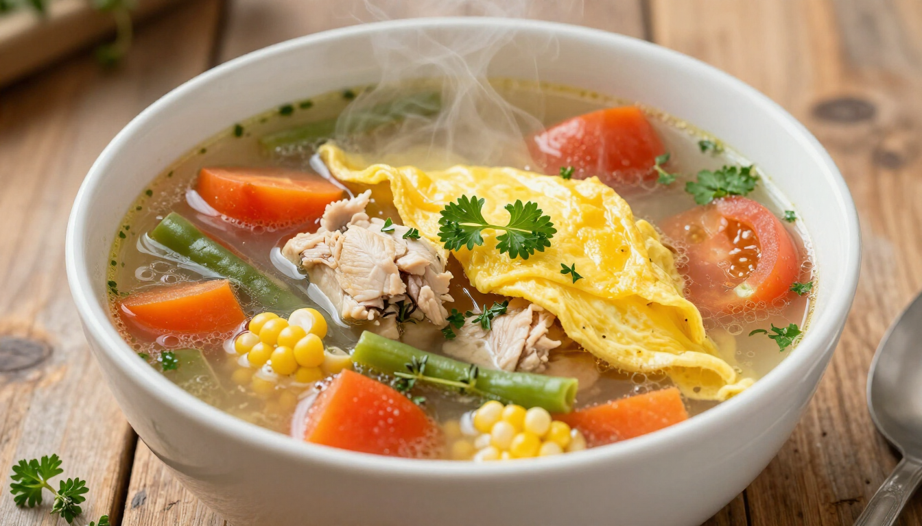 Goedgevulde groentesoep met kip en omeletreepjes op een houten tafel.