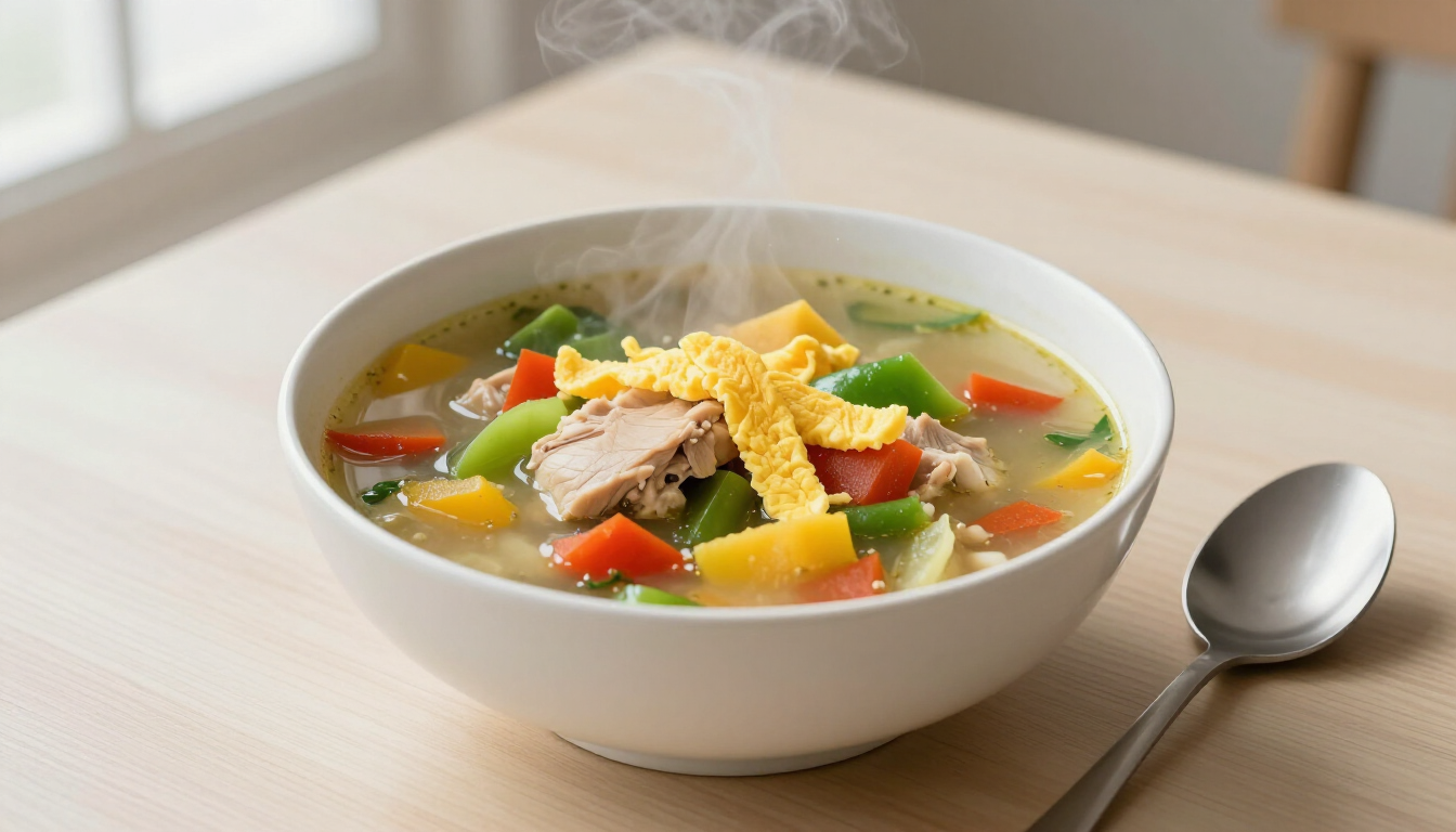 Stoomende kom groentesoep met kip