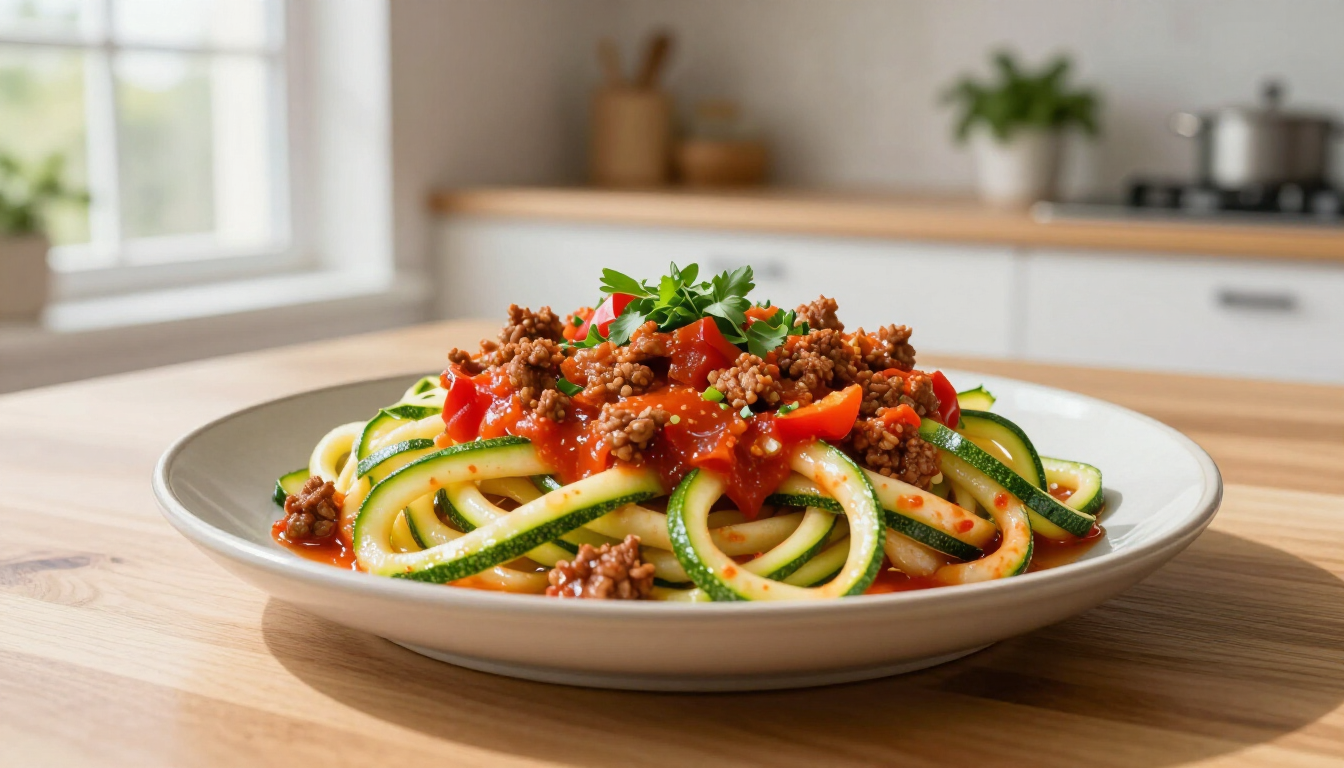 Gezonde courgetti met rundergehakt en verse tomatensaus