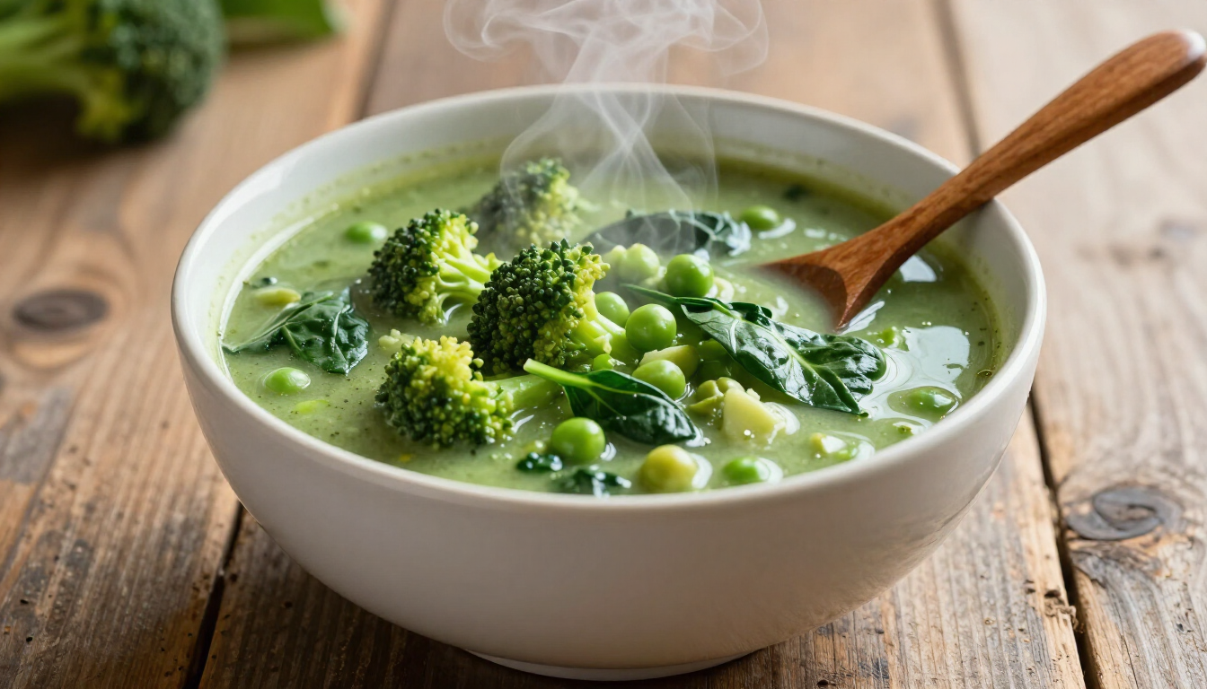 Stomende kom groene soep op een rustieke tafel