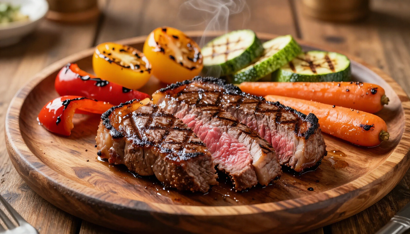 Malse bavette met kleurrijke gegrilde groenten op een houten plank