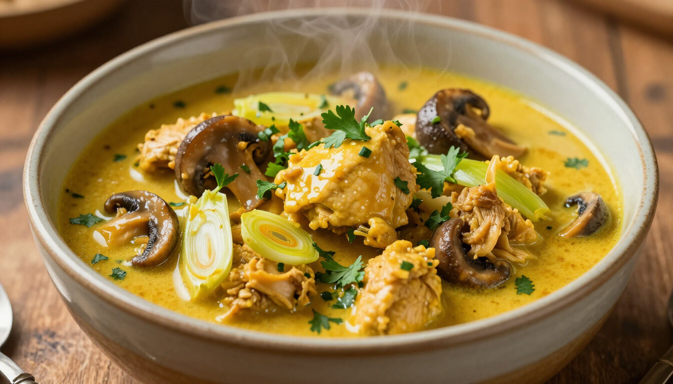 Een gezonde kom kipkerrie met verse prei en champignons