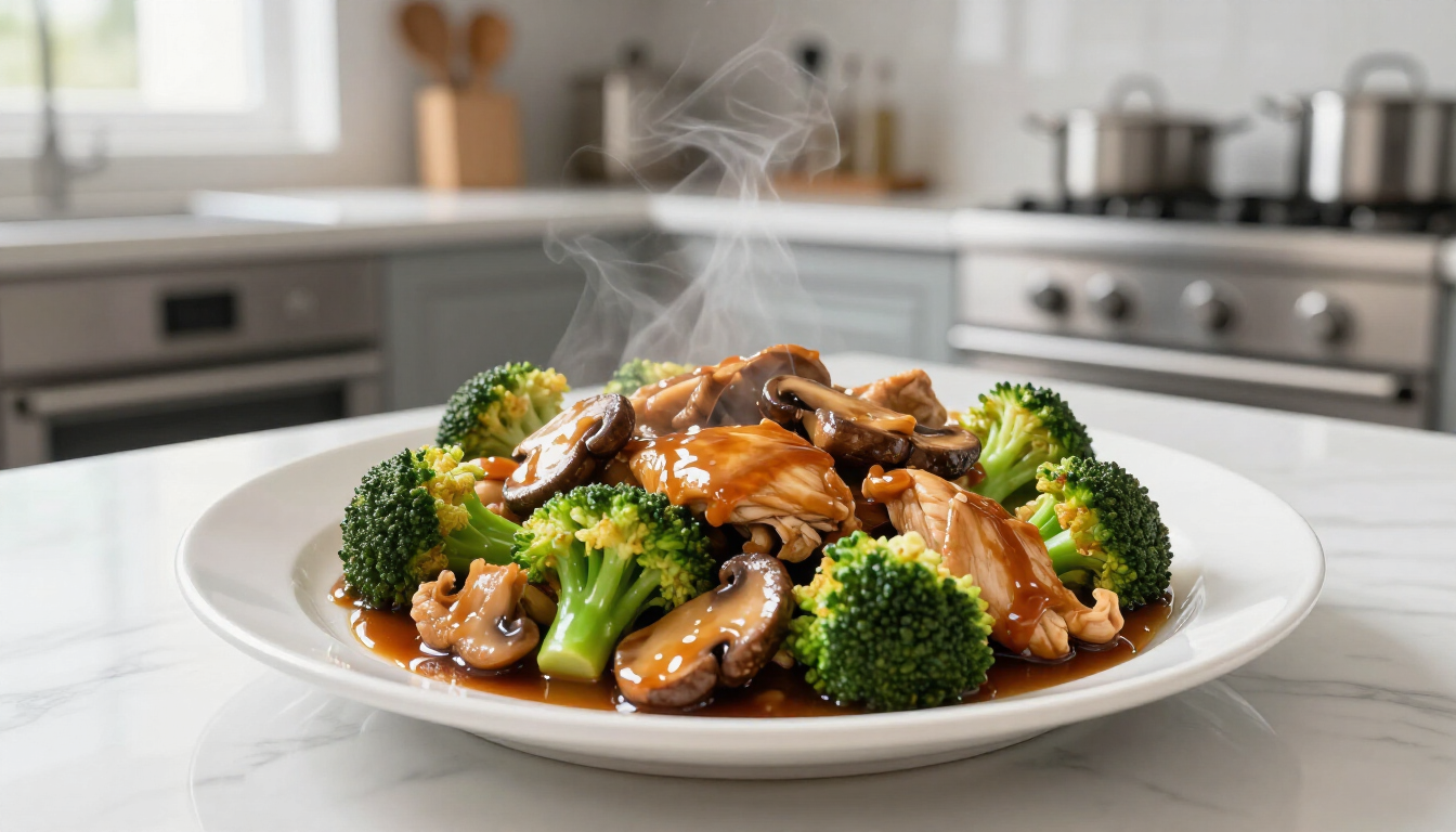 Heerlijk bord kip met broccoli en champignons in sojasaus