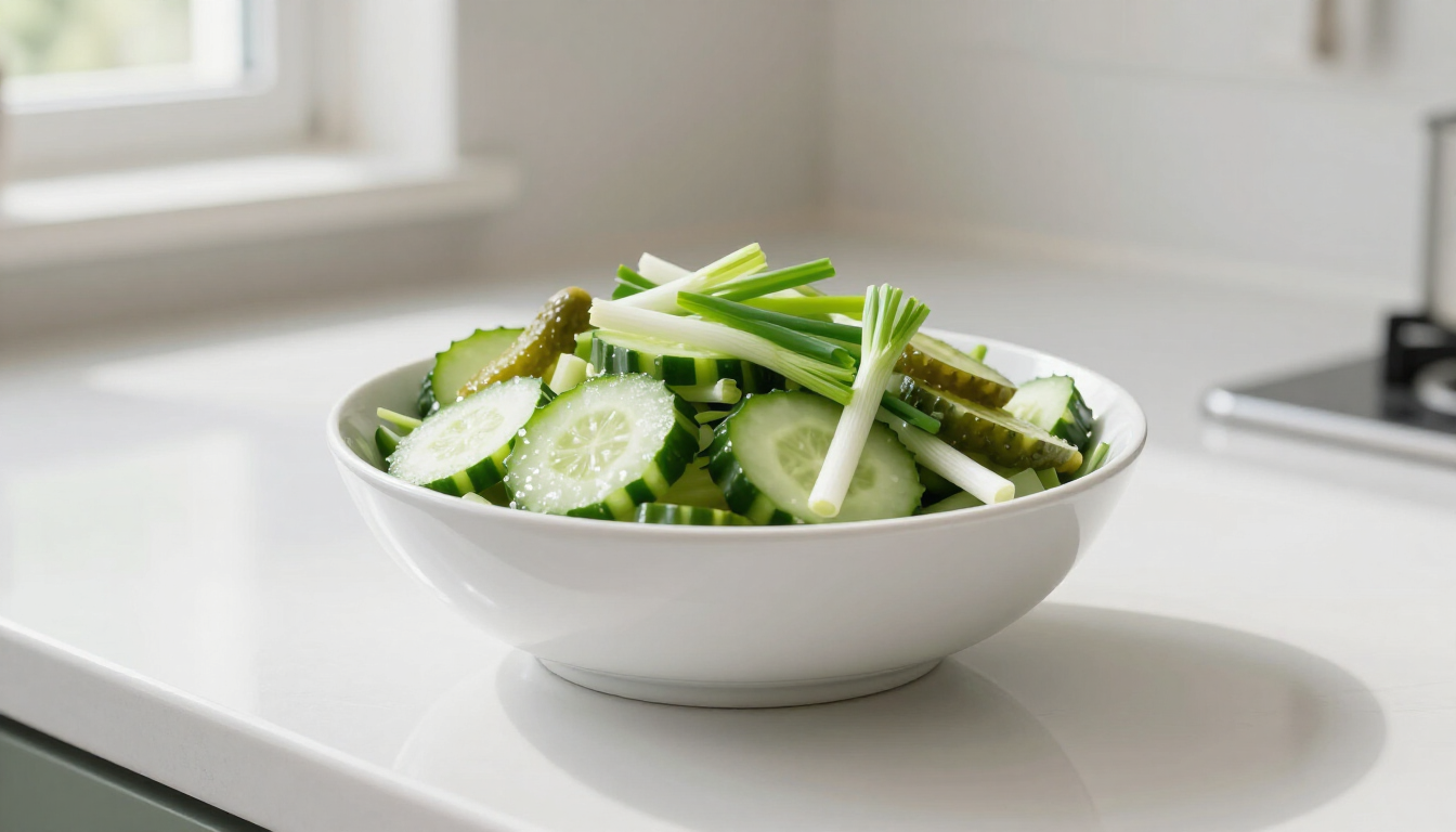 Een kom met verse komkommersalade met lente-ui en augurk