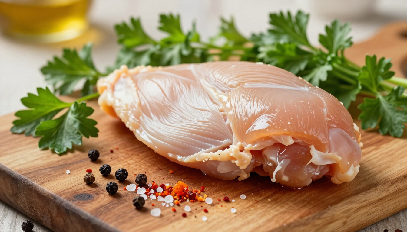 Gezonde pulled chicken op een houten plank met verse kruiden