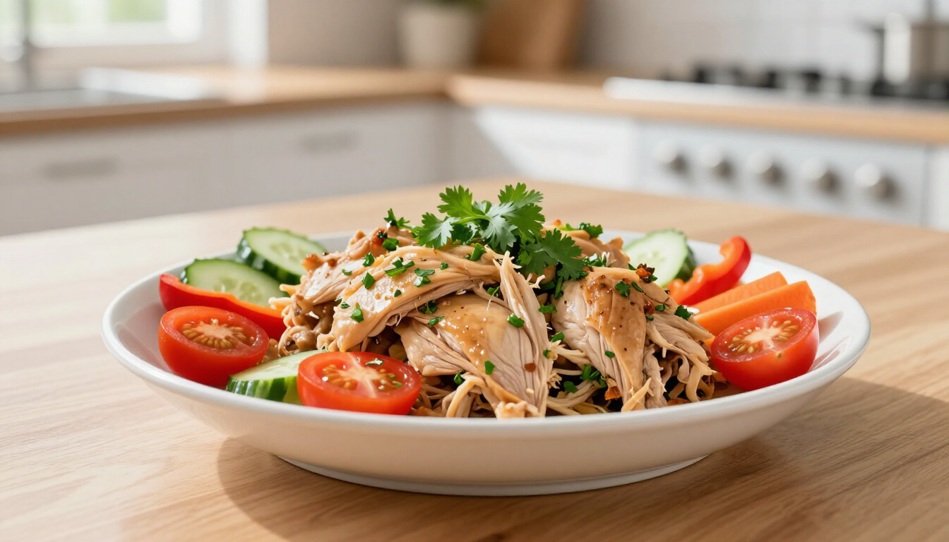 Gezonde pulled chicken op een houten plank met verse kruiden