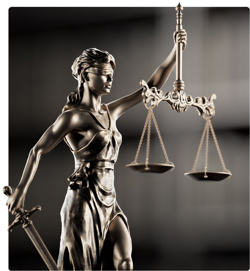 Estátua da Senhora Justiça com balança e espada, com os olhos vendados, cor bronze.