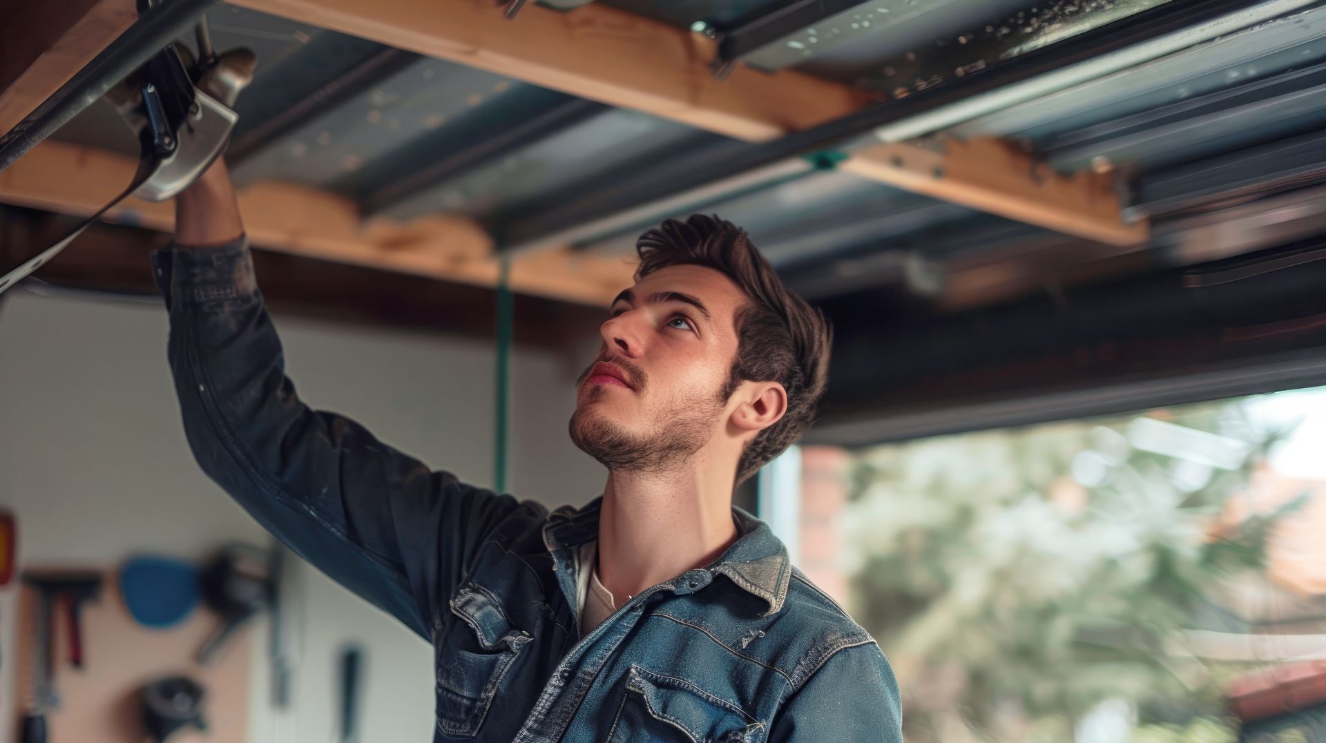 Technician adjusting tracks and hardware for a residential garage door repair service.