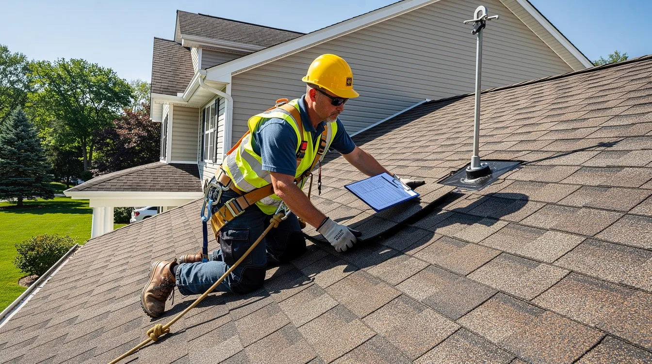 A professional roofer, equipped with safety gear, is conducting a thorough inspection of a residential shingle roof to assess its condition and identify any potential issues, such as missing shingles or storm damage. This roof inspection is essential for determining necessary repairs and ensuring the structural integrity of the roofing system.