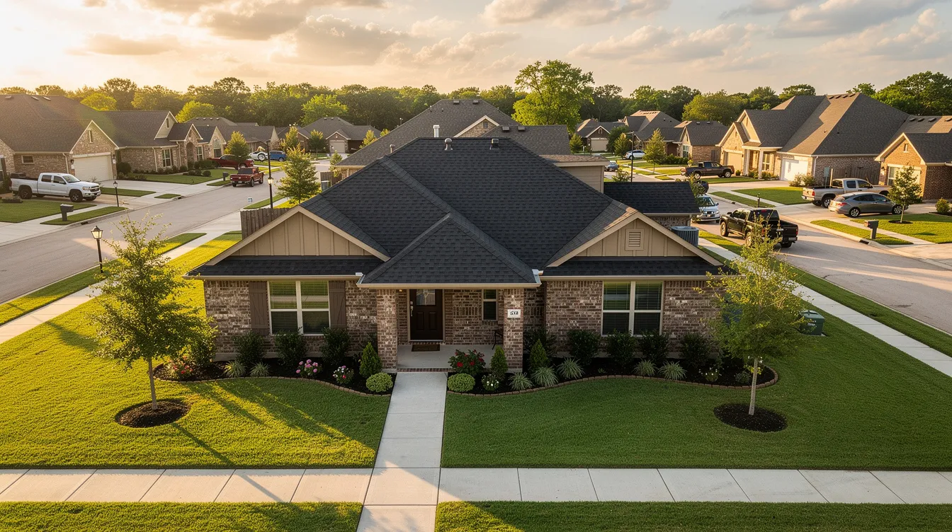 The image depicts a residential home in a Southeast Texas neighborhood, showcasing a newly installed metal roof that reflects solar heat and enhances energy efficiency. The clean lines of the standing seam metal roof contrast with the traditional asphalt shingles of nearby homes, illustrating a modern choice in roofing materials that many Texas homeowners are considering for its durability and minimal maintenance.