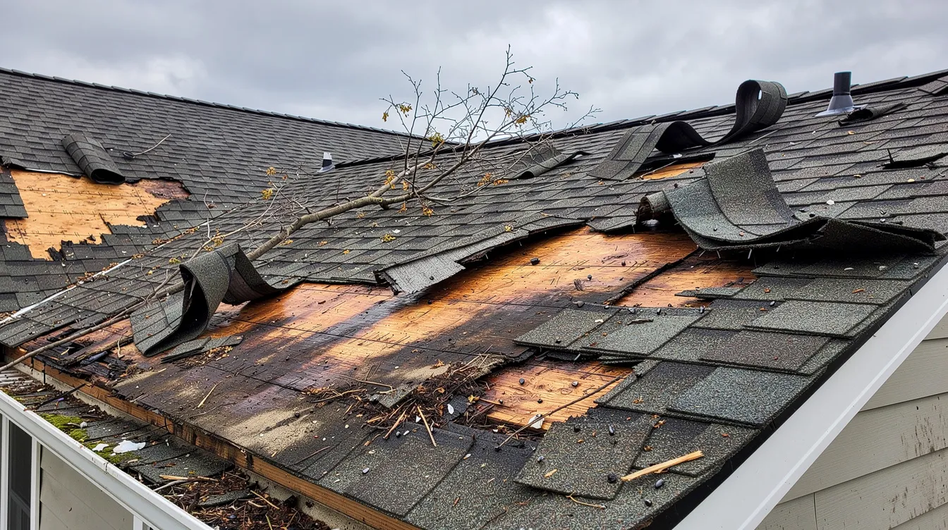 The image depicts a residential roof suffering from storm damage, with exposed decking and several torn and missing shingles, indicating the need for urgent roof repair. This situation highlights the importance of thorough inspections by experienced roofing contractors to prevent further damage and ensure the structural integrity of the home.