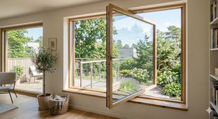 A modern room with a large, center-pivot wooden window open to a sunny, lush green garden and patio.