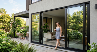A person walks through large, open black-framed sliding glass doors from a sunlit living room to an outdoor patio.
