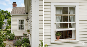 A split-view showing the exterior of a white-sided house with a large, multi-paned window, one side showing it fully open.