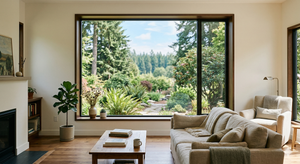 A bright living room with a large picture window overlooking a lush, green forest, a beige sofa, and a coffee table.